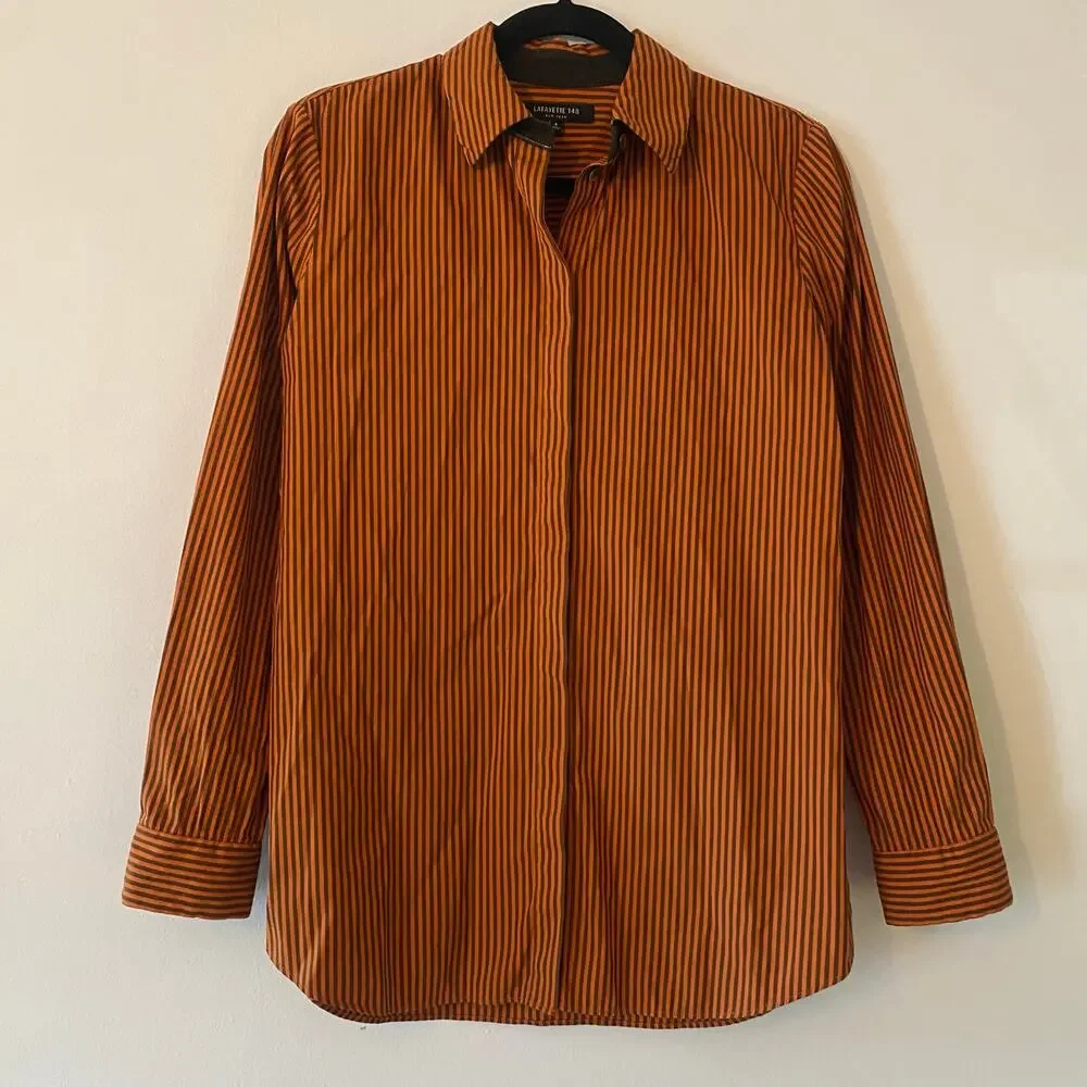 Lafayette 148 Orange Brown Pinstripe Button Down Shirt Cotton Preppy size Small - Picture 1 of 12